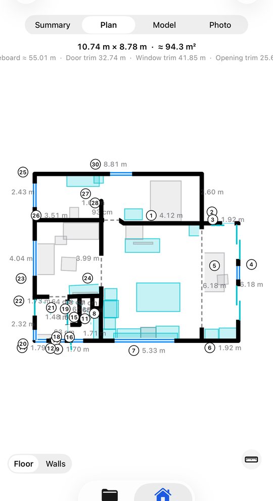 Scanned floor plan with every wall's dimensions