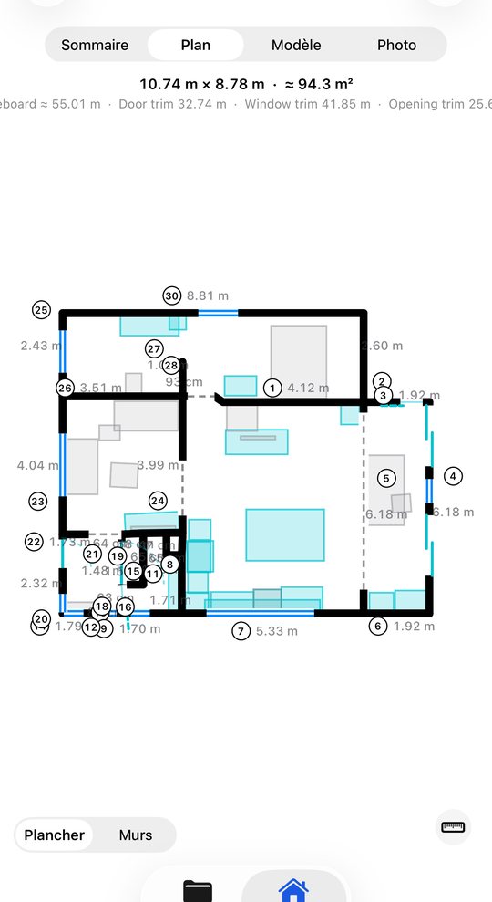 Plan numérisé avec les dimensions de chaque mur